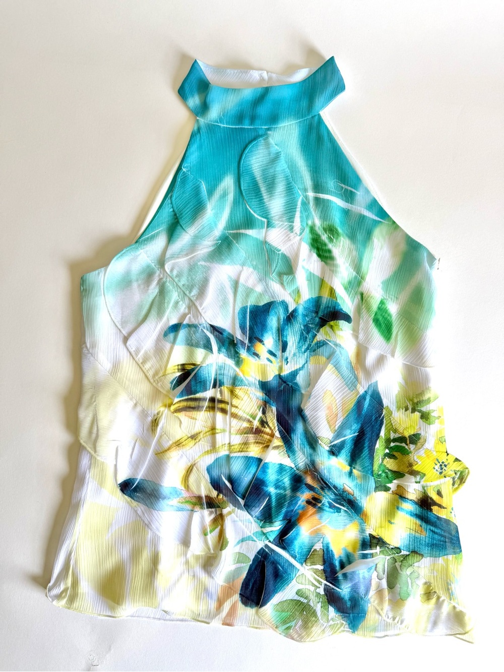 IZ Byer Y2K Tropical Lily Halter Top Blouse Teal Blue Yellow Mock Neck Size S - Picture 2 of 12